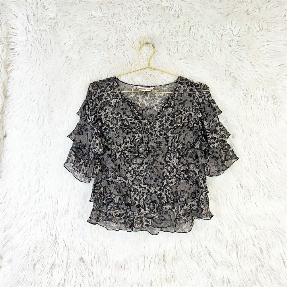 Rebecca Taylor Women's Sheer Lace Blouse Black/Silver Floral Print Size 2